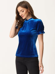 Ruffle Collar Short Cuff Sleeve Velvet Tops Blouse