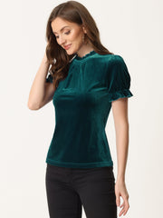Ruffle Collar Short Cuff Sleeve Velvet Tops Blouse