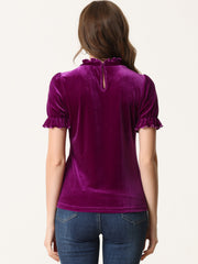 Ruffle Collar Short Cuff Sleeve Velvet Tops Blouse