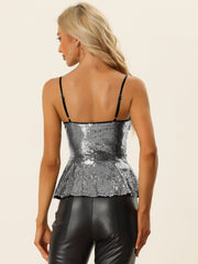 Sequin Cami Spaghetti Strap V Neck Sparkle Ruffles Peplum Top