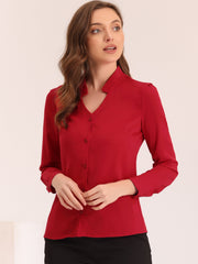 Work Office Blouse Button Up Long Sleeve V Neck Chiffon Shirt