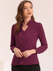 Work Office Blouse Button Up Long Sleeve V Neck Chiffon Shirt