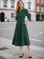 Notch Neck 3/4 Sleeve Pocketed Solid A-Line Work Dress