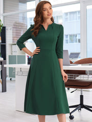 Notch Neck 3/4 Sleeve Pocketed Solid A-Line Work Dress