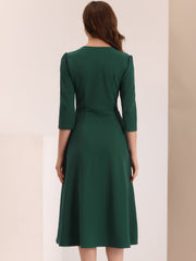 Notch Neck 3/4 Sleeve Pocketed Solid A-Line Work Dress