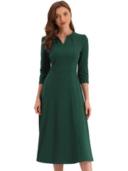 Notch Neck 3/4 Sleeve Pocketed Solid A-Line Work Dress
