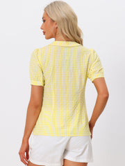 Plaid Puff Short Sleeve Gingham Peter Pan Collar Button Down Shirt