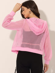 Zip Up Long Sleeve Mesh Sheer Hoodie Bomber Jackets