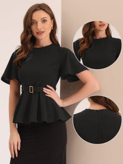 Peplum Round Neck Bell Sleeve Belted Waist Office Blouse