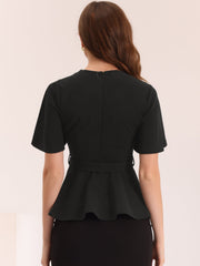 Peplum Round Neck Bell Sleeve Belted Waist Office Blouse