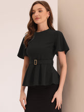 Peplum Round Neck Bell Sleeve Belted Waist Office Blouse