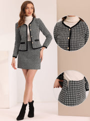 2 Piece Outfits Plaid Tweed Cropped Blazer Jacket & Mini Skirt Suit Set