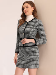 2 Piece Outfits Plaid Tweed Cropped Blazer Jacket & Mini Skirt Suit Set