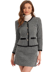 2 Piece Outfits Plaid Tweed Cropped Blazer Jacket & Mini Skirt Suit Set