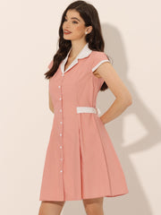 Retro Button Down Flat Collar Belted Office Mini Shirt Dress