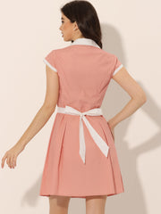 Retro Button Down Flat Collar Belted Office Mini Shirt Dress