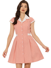Retro Button Down Flat Collar Belted Office Mini Shirt Dress