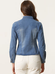Casual Denim Classic Stand Collar Long Sleeve Jean Jacket