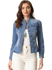 Casual Denim Classic Stand Collar Long Sleeve Jean Jacket