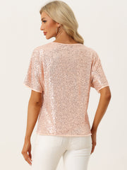 Sequin Top Round Neck Short Sleeve Party Clubwear Blouse