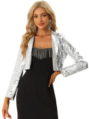 Open Front Blazer Notched Lapel Long Sleeve Sparkly Sequin Jacket