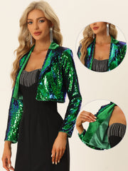 Open Front Blazer Notched Lapel Long Sleeve Sparkly Sequin Jacket