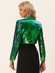 Open Front Blazer Notched Lapel Long Sleeve Sparkly Sequin Jacket