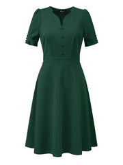 Elegant Short Puff Sleeve V Neck A-Line Zipper Side Office Dress
