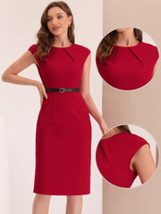 Elegant Business Cap Sleeve Belted Pencil Work Sheath Dress