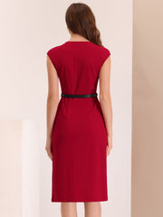 Elegant Business Cap Sleeve Belted Pencil Work Sheath Dress