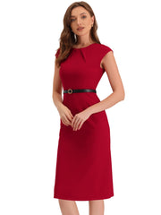 Elegant Business Cap Sleeve Belted Pencil Work Sheath Dress