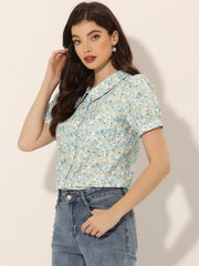 Puff Sleeve Shirt Point Collar Top Button Down Floral Blouse