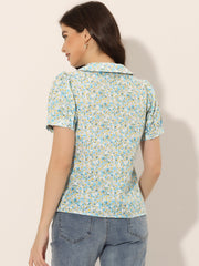 Puff Sleeve Shirt Point Collar Top Button Down Floral Blouse