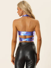 Metallic Halter Neck Deep V Neck Backless Holographic Crop Top