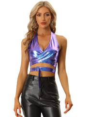 Metallic Halter Neck Deep V Neck Backless Holographic Crop Top