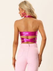 Metallic Halter Neck Deep V Neck Backless Holographic Crop Top