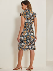 Summer Chiffon Floral Cap Sleeve Drawstring Waist Shirt Dress