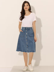 Denim Raw Hem Button Down Midi Jeans Skirt