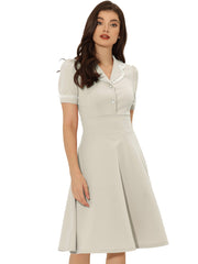 Work Lace Notched Collar Vintage 1950s Short Sleeve Midi Shirt Dress