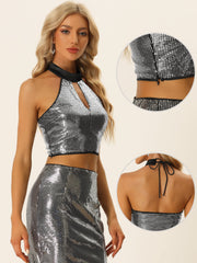 Sequin Halter Neck Sleeveless Cutout Shiny Party Crop Top