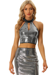 Sequin Halter Neck Sleeveless Cutout Shiny Party Crop Top