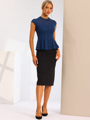 Crochet Peplum Floral Mock Neck Cap Sleeve Lace Blouse