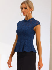 Crochet Peplum Floral Mock Neck Cap Sleeve Lace Blouse