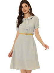 Peter Pan Collar Tie Neck Short Sleeve A-Line Belted Floral Dress