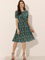 Peter Pan Collar Tie Neck Short Sleeve A-Line Belted Floral Dress