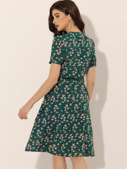 Peter Pan Collar Tie Neck Short Sleeve A-Line Belted Floral Dress