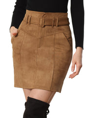 Faux Suede Casual High Waist Belted A-Line Mini Skirts