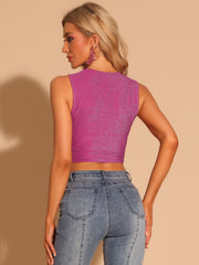 Party Glitter Cut Out Front Sleeveless Slim Fitted Crop Tank Top