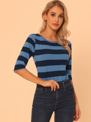 Striped 3/4 Sleeve Casual Basic Boat Neck T-shirt