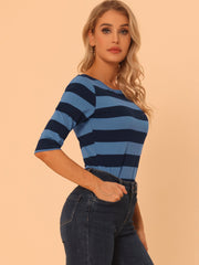Striped 3/4 Sleeve Casual Basic Boat Neck T-shirt